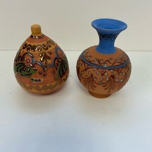 Red Clay Pottery / Lidded Trinket /Oval Hand Painted /Matching Small Vase